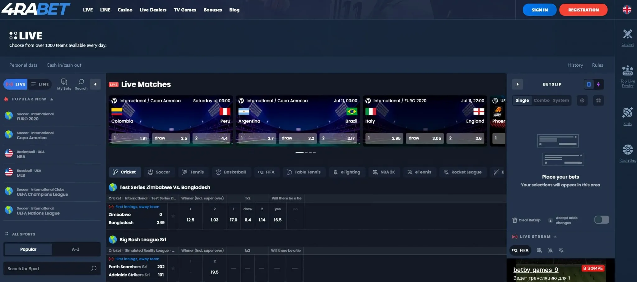 4rabet betting main screen 